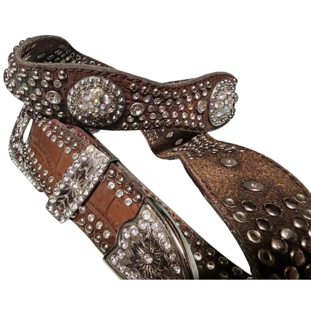 Vintage SPARKLE Leather Rhinestone Concho Belt Length 45